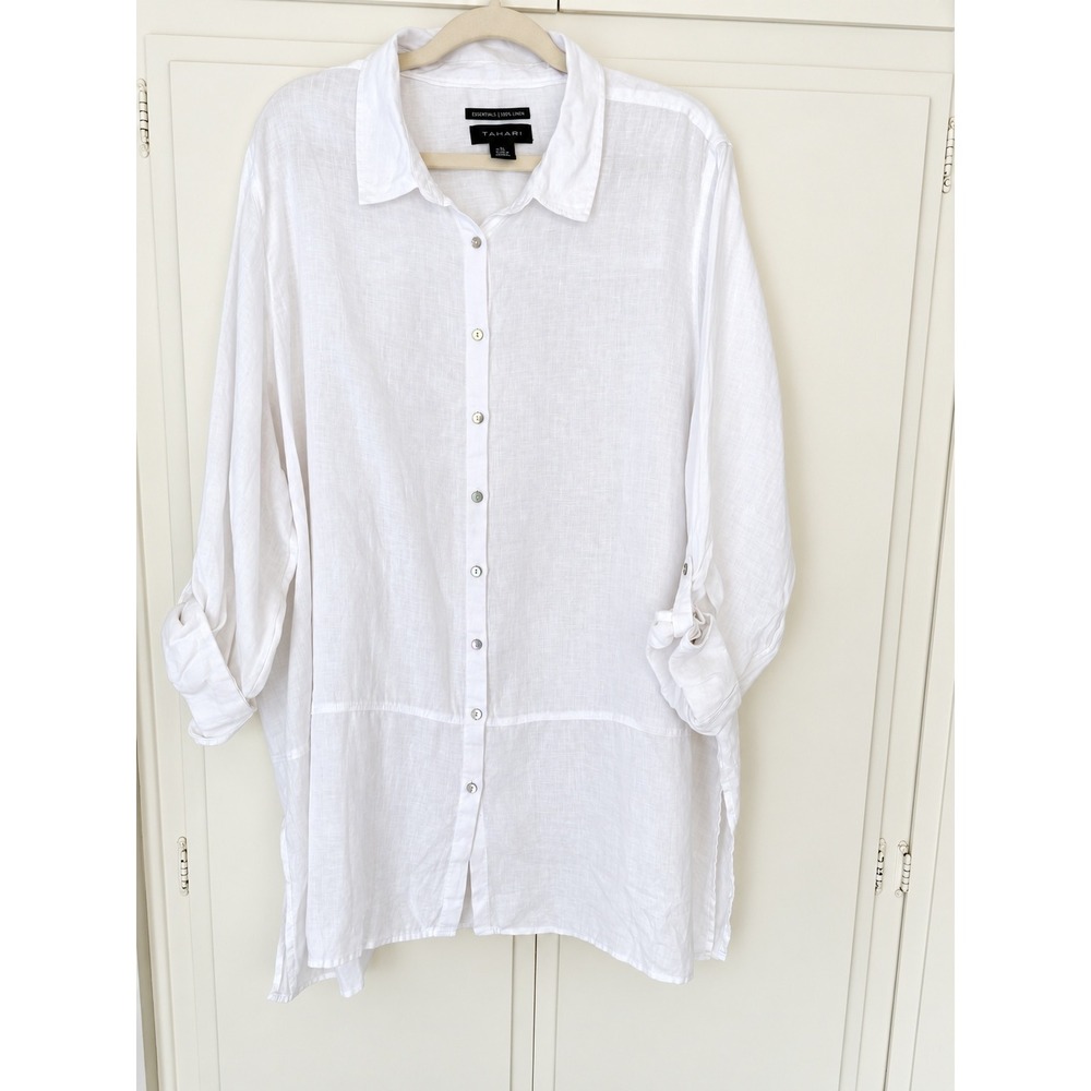Tahari Essentials White 100% Linen Roll Tab Button Down Tunic Shirt Plus Size 3X